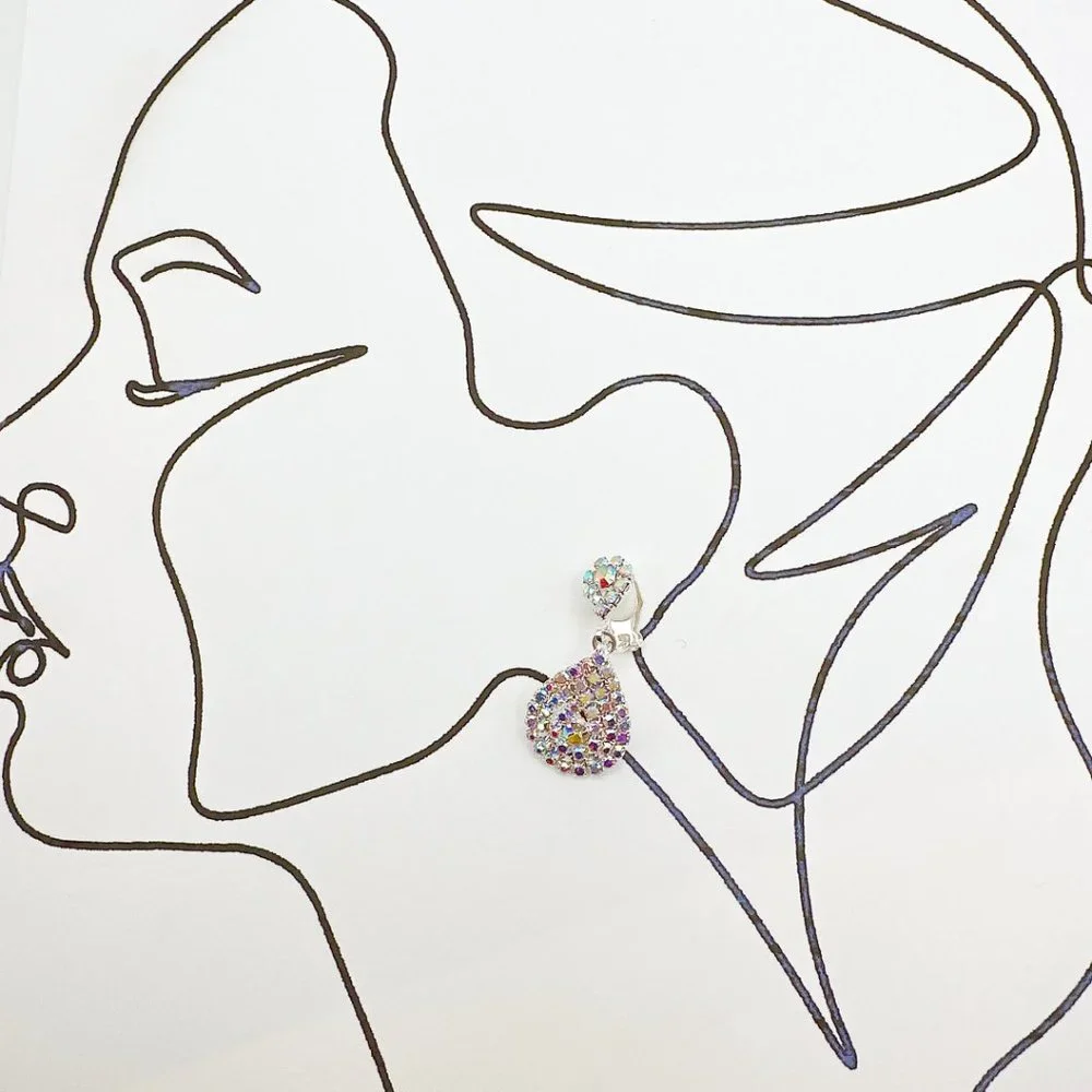 CLIP ON Small Pear Shape AB Color Rhinestone Earrings - Picture 10 of 10